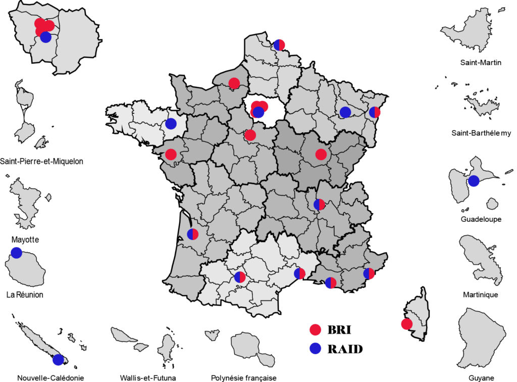Carte de France des emplacements de la BRI et du RAID